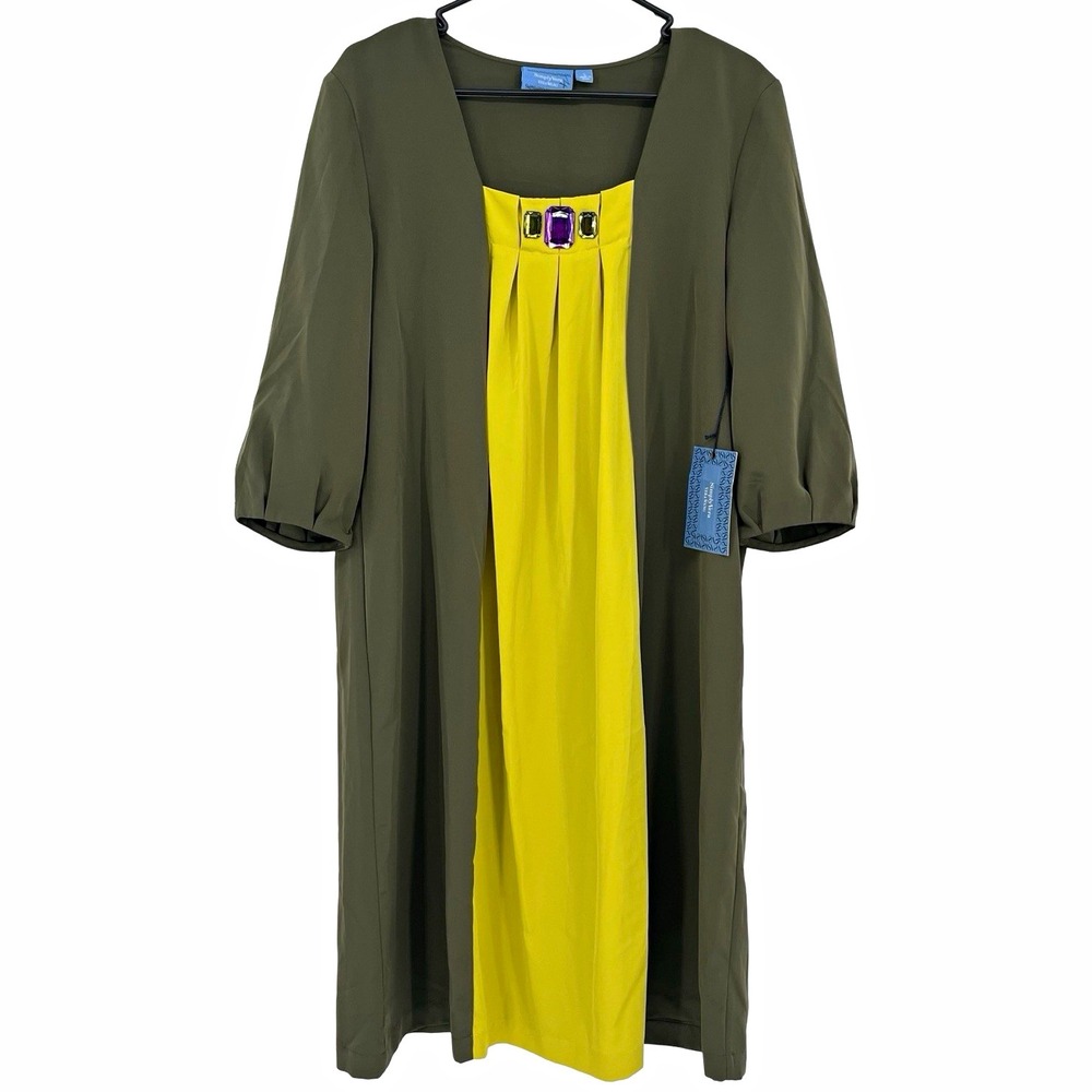 Simply Vera Vera Wang Dress L Olive Green Yellow Colorblock Jeweled Shift NWT